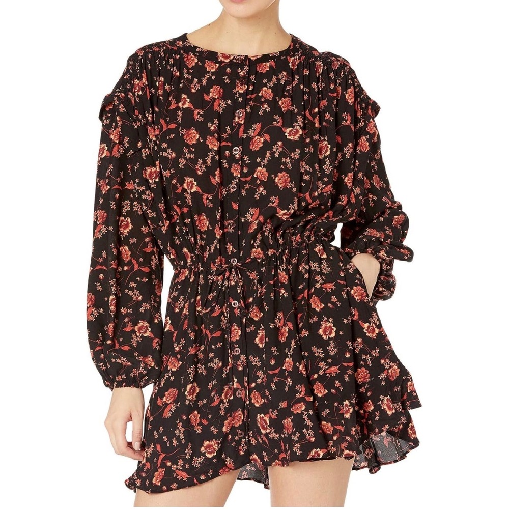 Free People Flower Fields‎ Mini Dress Black Floral ruffles oversized boho sz L